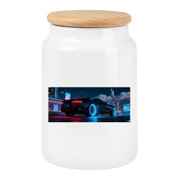 Nuit de la ville de Neonflitzer - Boîte à biscuits avec couvercle en bois - blanc - Devant