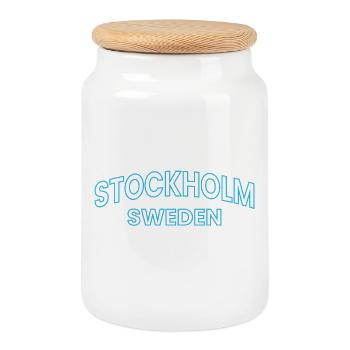 Stockholm Sweden Neon Outline - Cookie Jar with Wooden Lid - white - Front