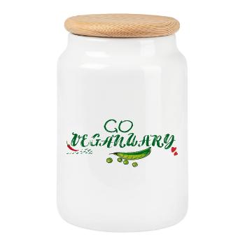 Go Vegan January - Cookie Jar with Wooden Lid - white - Front