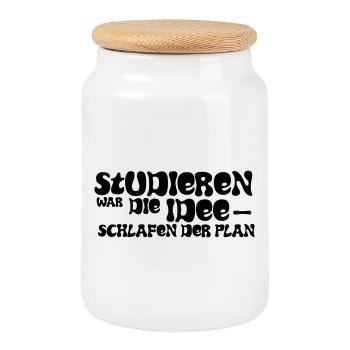 Studying was the idea – sleeping was the plan - Cookie Jar with Wooden Lid - white - Front