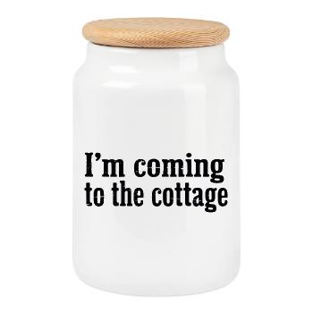I'm Coming to the Cottage Distressed Text - Cookie Jar with Wooden Lid - white - Front
