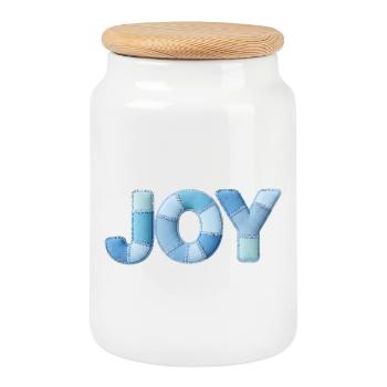 Blue Patchwork Joy Schriftzug - Keksdose mit Holzdeckel - Weiß - Vorne