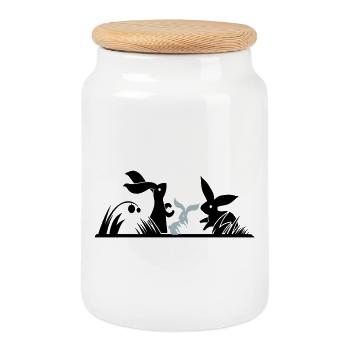 Trois lapins dans une prairie - Boîte à biscuits avec couvercle en bois - blanc - Devant