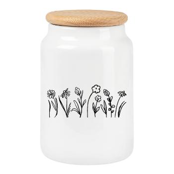 Hand Drawn Flowers with Leaves - Cookie Jar with Wooden Lid - white - Front