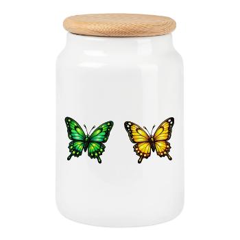 Living Butterflies: Green & Yellow - Cookie Jar with Wooden Lid - white - Front