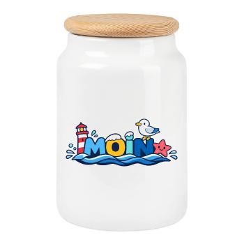 MOIN Möwe Leuchtturm Maritim Bunt - Keksdose mit Holzdeckel - Weiß - Vorne