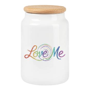 Love Me Say Colorful Text Drawing Art Print - Cookie Jar with Wooden Lid - white - Front