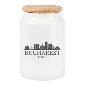 Silhouette de Bucarest Roumanie et silhouette de Bucarest - Boîte à biscuits avec couvercle en bois - blanc - Devant