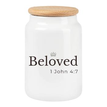Beloved Christian | 1John 4:7 | Crown Design - Cookie Jar with Wooden Lid - white - Front