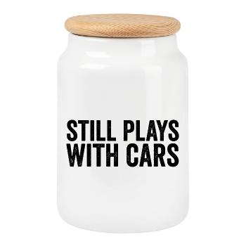 Still Playing with Cars – Funny Car Driver - Cookie Jar with Wooden Lid - white - Front