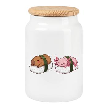 Kawaii Sushi Capybara & Axolotl Mignons Sommeil - Boîte à biscuits avec couvercle en bois - blanc - Devant
