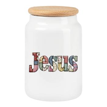 Lettrage Jésus en patchwork - Boîte à biscuits avec couvercle en bois - blanc - Devant