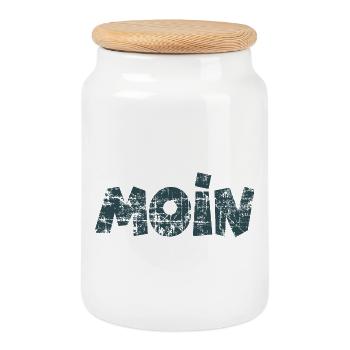 Moin (Vintage Dunkelblau) Guten Morgen Gruß - Keksdose mit Holzdeckel - Weiß - Vorne