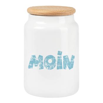 Moin (Vintage Hellblau) Norddeutscher Gruß - Keksdose mit Holzdeckel - Weiß - Vorne