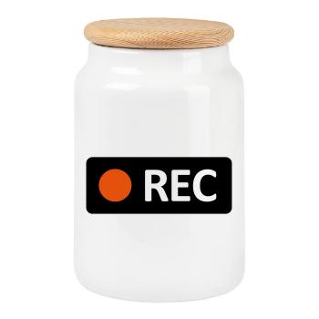 Bouton d’enregistrement REC de la caméra. Enregistrer, live, rec - Boîte à biscuits avec couvercle en bois - blanc - Devant
