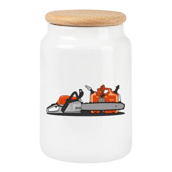 Tronçonneuse et bidon - Boîte à biscuits avec couvercle en bois - blanc - Devant