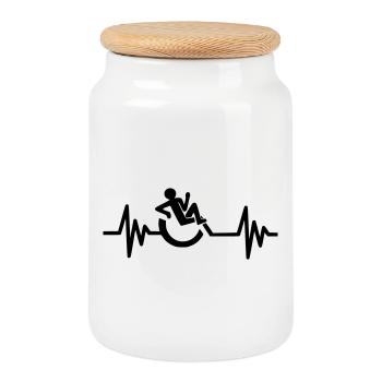 Image: wheelchair, heartbeat, relaxed # - Cookie Jar with Wooden Lid - white - Front