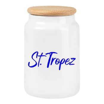 St Tropez Küstenflair Blau Script - Keksdose mit Holzdeckel - Weiß - Vorne