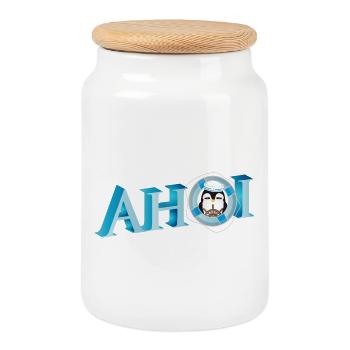 Sailor's greeting lettering Ahoi with penguin sailor - Cookie Jar with Wooden Lid - white - Front