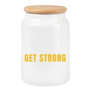 Get Fit Get Strong - Fitnessgeschenk mit Hanteln - Keksdose mit Holzdeckel - Weiß - Vorne