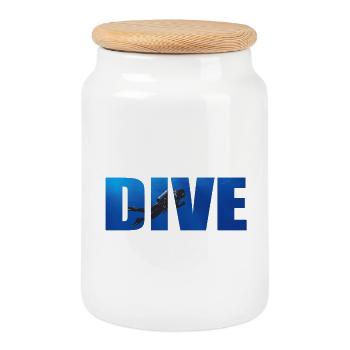 Dive Text with Diver in the Ocean - Cookie Jar with Wooden Lid - white - Front