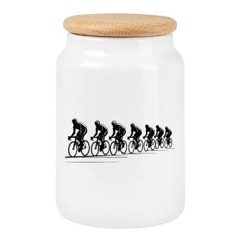 Cyclist Drawing - Cookie Jar with Wooden Lid - white - Front