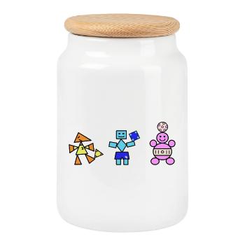 Geometric Playful Robots and Bear  - Cookie Jar with Wooden Lid - white - Front