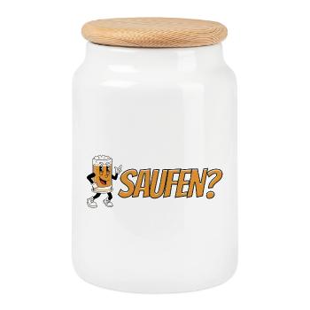 Saufen? – Lustiges Bier Cartoon Design - Keksdose mit Holzdeckel - Weiß - Vorne