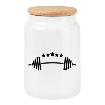 Gewichte & Sterne: Fitness Power Design - Keksdose mit Holzdeckel - Weiß - Vorne