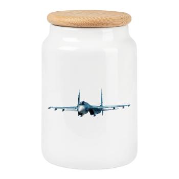 Conception d’avion de chasse bleu - Boîte à biscuits avec couvercle en bois - blanc - Devant