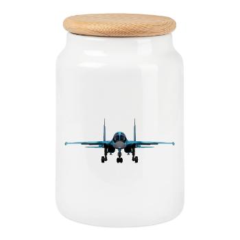 Vue de face de l’avion de chasse bleu - Boîte à biscuits avec couvercle en bois - blanc - Devant
