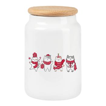 Chat à Noël - Boîte à biscuits avec couvercle en bois - blanc - Devant