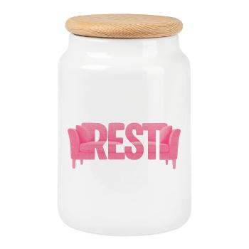 Rest Typography Sofa Pink Design - Cookie Jar with Wooden Lid - white - Front