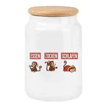 Essen Zocken Schlafen Gamer Spruch - Keksdose mit Holzdeckel - Weiß - Vorne