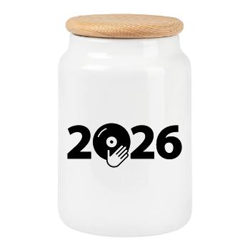Fête de disques vinyles DJ de musique 2026 - Boîte à biscuits avec couvercle en bois - blanc - Devant
