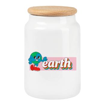 Earth Joy Retro Cartoon Tee Druck - Keksdose mit Holzdeckel - Weiß - Vorne