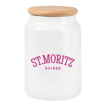 St. Moritz - Suisse - Switzerland - Swiss - Cookie Jar with Wooden Lid - white - Front