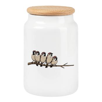 Fünf Vögel auf Ast – Niedlich Illustration - Keksdose mit Holzdeckel - Weiß - Vorne
