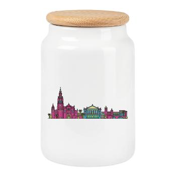 Murcia City Skyline Cathedral Modern Line Art - Cookie Jar with Wooden Lid - white - Front