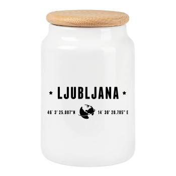 Ljubljana GPS Coordinates Globe Modern Typography - Cookie Jar with Wooden Lid - white - Front