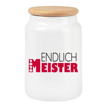 Endlich Meister 2026 - Keksdose mit Holzdeckel - Weiß - Vorne