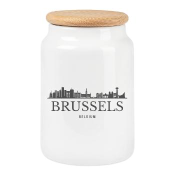 Brussels Belgium, Brussels skyline - Cookie Jar with Wooden Lid - white - Front