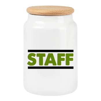 Green Staff Distressed Font - Cookie Jar with Wooden Lid - white - Front