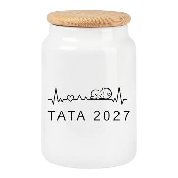 Dad 2027 Heartbeat Pregnancy Polish - Cookie Jar with Wooden Lid - white - Front