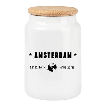 Amsterdam Netherlands Coordinates Gps Globe - Cookie Jar with Wooden Lid - white - Front