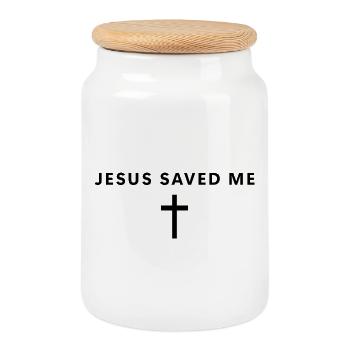 Jésus m’a sauvé – Foi minimaliste - Boîte à biscuits avec couvercle en bois - blanc - Devant