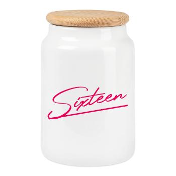 16th Birthday Gift Idea - Cookie Jar with Wooden Lid - white - Front