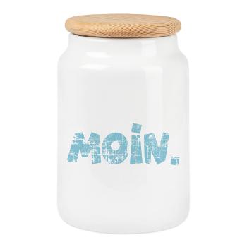 Moin. (Vintage Hellblau) Guten Morgen Gruß - Keksdose mit Holzdeckel - Weiß - Vorne