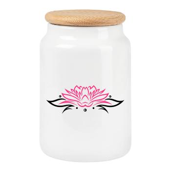 Large lotus flower with small tribal. - Cookie Jar with Wooden Lid - white - Front