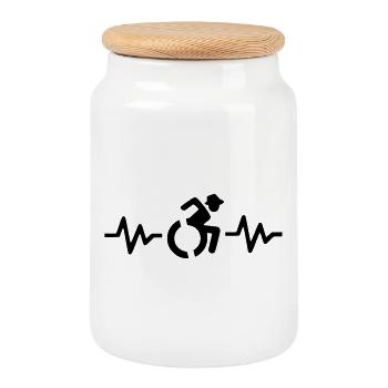 Utilisateur de fauteuil roulant avec chapeau et fréquence cardiaque # - Boîte à biscuits avec couvercle en bois - blanc - Devant